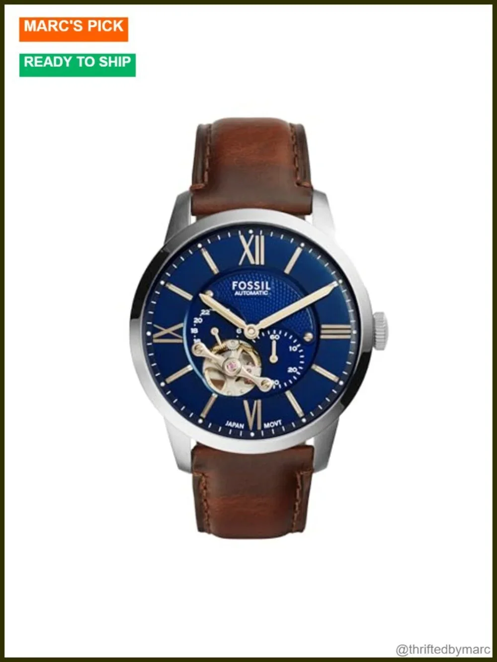 44mm Automatic Stainless Steel Watch with Brown Leather Band
